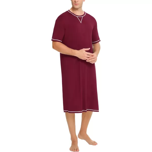 SWOMOG Mens Nightshirt Short Sleeve Nightgown Soft Loose Sleepwear Lightweight Nightwear Comfy Henley Sleep Shirt SXXLWine Red