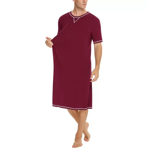 SWOMOG Mens Nightshirt Short Sleeve Nightgown Soft Loose Sleepwear Lightweight Nightwear Comfy Henley Sleep Shirt SXXLWine Red