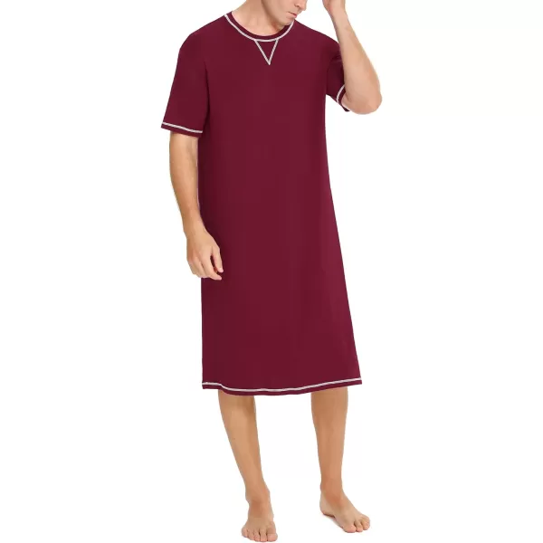 SWOMOG Mens Nightshirt Short Sleeve Nightgown Soft Loose Sleepwear Lightweight Nightwear Comfy Henley Sleep Shirt SXXLWine Red