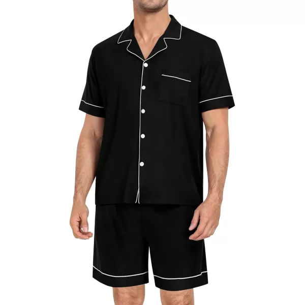 SWOMOG Mens Pajama Set Short Sleeve 2PCS Sleepwear Classic Button Down Loungewear Set Soft Modal Pj Set with PocketsBlack