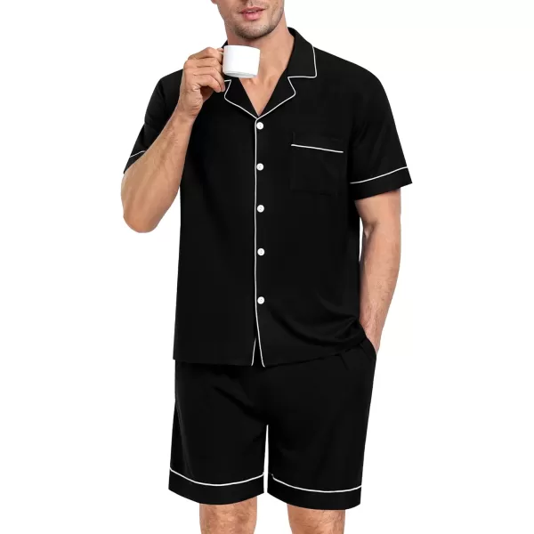 SWOMOG Mens Pajama Set Short Sleeve 2PCS Sleepwear Classic Button Down Loungewear Set Soft Modal Pj Set with PocketsBlack