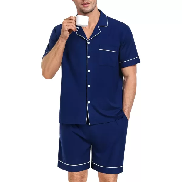 SWOMOG Mens Pajama Set Short Sleeve 2PCS Sleepwear Classic Button Down Loungewear Set Soft Modal Pj Set with PocketsNavy Blue