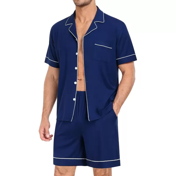 SWOMOG Mens Pajama Set Short Sleeve 2PCS Sleepwear Classic Button Down Loungewear Set Soft Modal Pj Set with PocketsNavy Blue