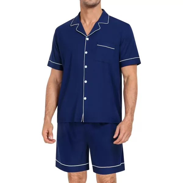 SWOMOG Mens Pajama Set Short Sleeve 2PCS Sleepwear Classic Button Down Loungewear Set Soft Modal Pj Set with PocketsNavy Blue