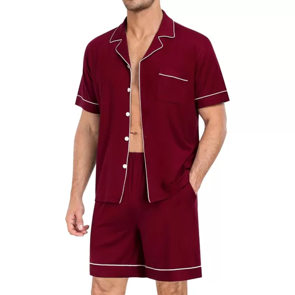 SWOMOG Mens Pajama Set Short Sleeve 2PCS Sleepwear Classic Button Down Loungewear Set Soft Modal Pj Set with PocketsWine Red