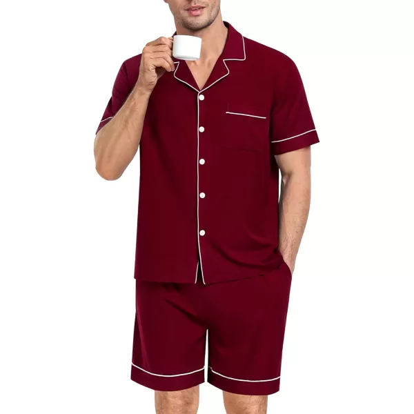 SWOMOG Mens Pajama Set Short Sleeve 2PCS Sleepwear Classic Button Down Loungewear Set Soft Modal Pj Set with PocketsWine Red