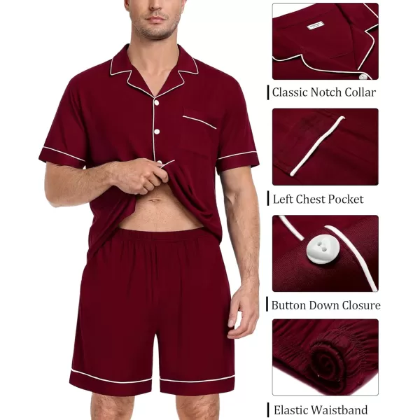 SWOMOG Mens Pajama Set Short Sleeve 2PCS Sleepwear Classic Button Down Loungewear Set Soft Modal Pj Set with PocketsWine Red