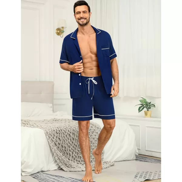 SWOMOG Mens Pajama Sets Short Sleeve Sleepwear Button Down Loungewear Soft Modal Lounge Pjs with Pockets SXXLNavy Blue