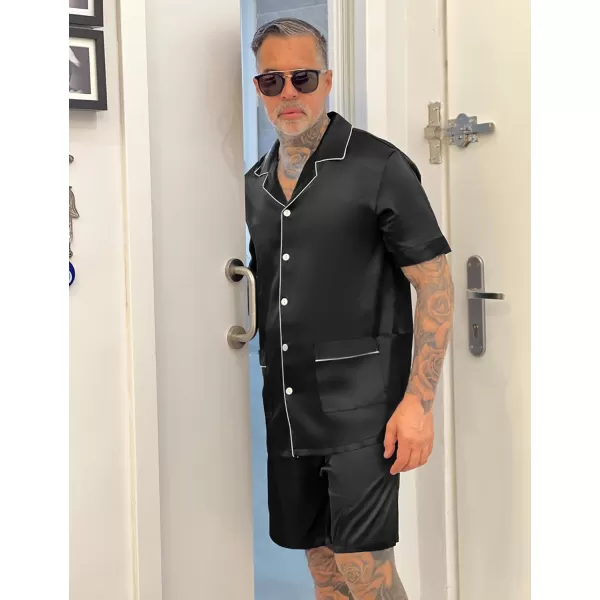 SWOMOG Mens Satin Pajamas Set 2 Piece Pj Button Down Loungewear 2 Piece Set Comfy Sleepwear with ShortsBlack
