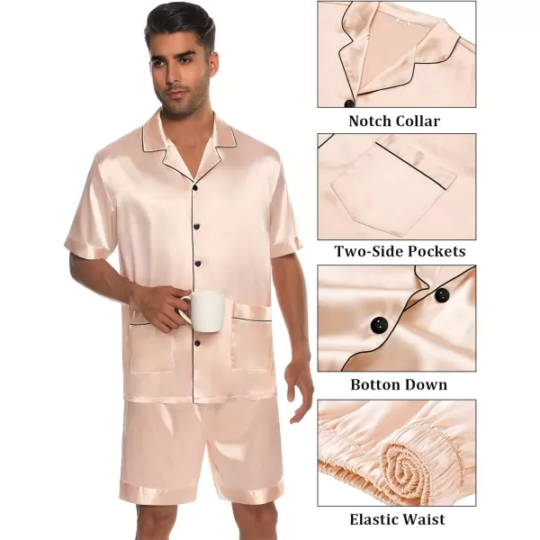 SWOMOG Mens Satin Pajamas Set 2 Piece Pj Button Down Loungewear 2 Piece Set Comfy Sleepwear with ShortsChampagne