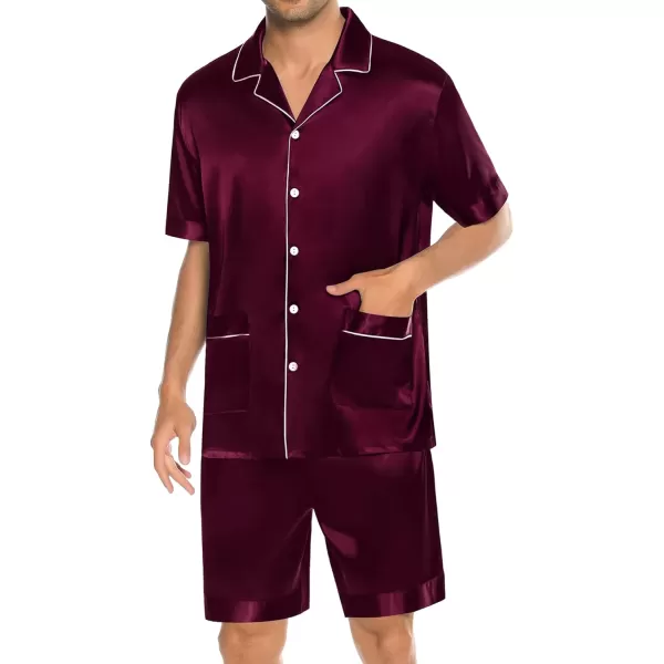 SWOMOG Mens Satin Pajamas Set 2 Piece Pj Button Down Loungewear 2 Piece Set Comfy Sleepwear with ShortsDark Wine Red