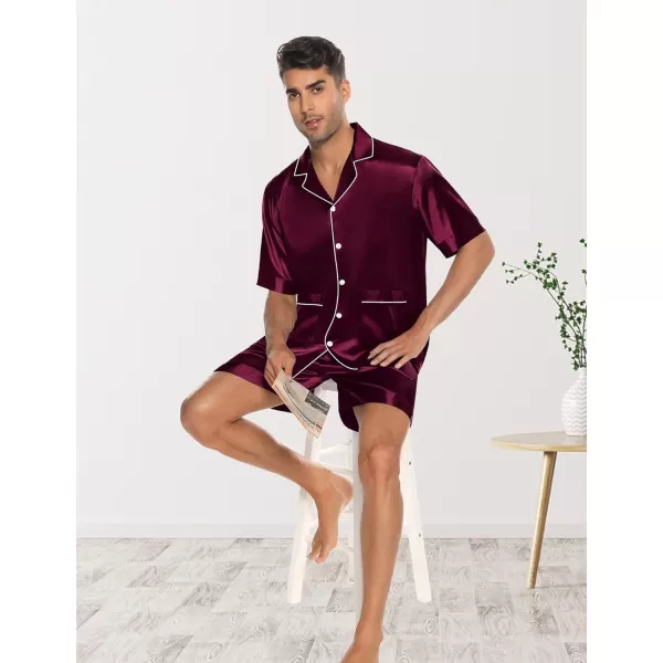 SWOMOG Mens Satin Pajamas Set 2 Piece Pj Button Down Loungewear 2 Piece Set Comfy Sleepwear with ShortsDark Wine Red