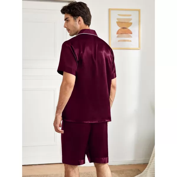 SWOMOG Mens Satin Pajamas Set 2 Piece Pj Button Down Loungewear 2 Piece Set Comfy Sleepwear with ShortsDark Wine Red