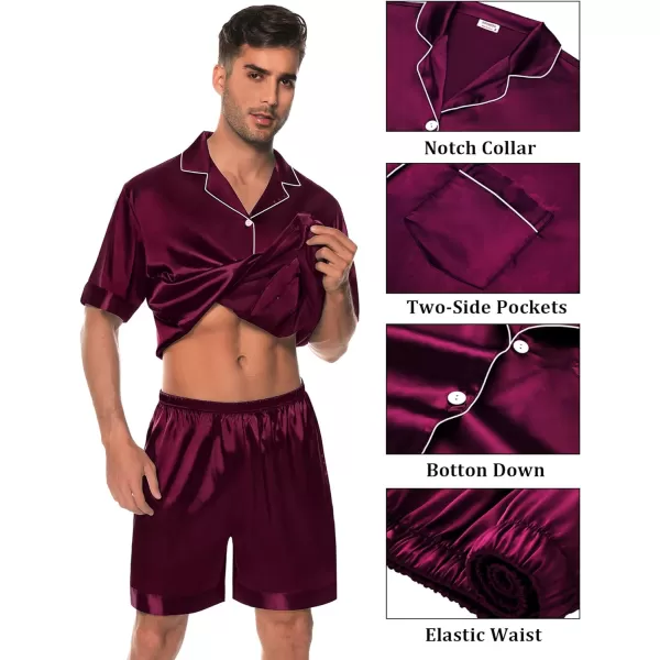 SWOMOG Mens Satin Pajamas Set 2 Piece Pj Button Down Loungewear 2 Piece Set Comfy Sleepwear with ShortsDark Wine Red