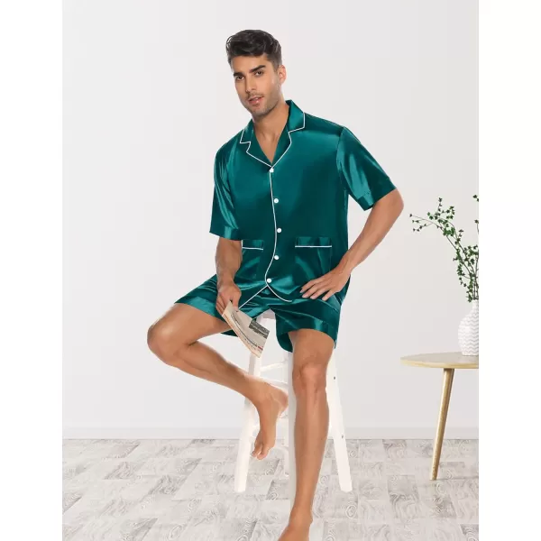 SWOMOG Mens Satin Pajamas Set 2 Piece Pj Button Down Loungewear 2 Piece Set Comfy Sleepwear with ShortsGreen