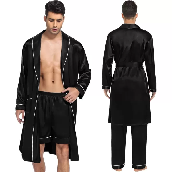 SWOMOG Mens Satin Robe 3 Pcs Silky Kimono Bathrobe Set Lightweight Soft Loungewear NightwearBlack