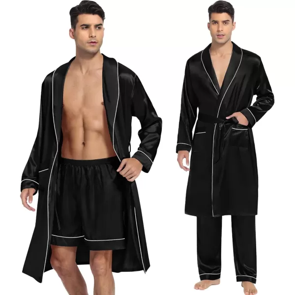 SWOMOG Mens Satin Robe 3 Pcs Silky Kimono Bathrobe Set Lightweight Soft Loungewear NightwearBlack