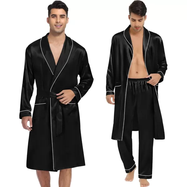 SWOMOG Mens Satin Robe 3 Pcs Silky Kimono Bathrobe Set Lightweight Soft Loungewear NightwearBlack