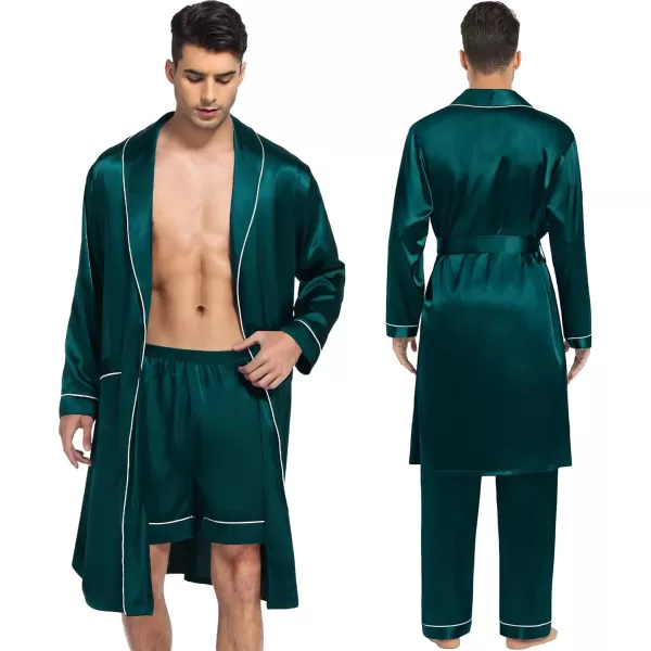SWOMOG Mens Satin Robe 3 Pcs Silky Kimono Bathrobe Set Lightweight Soft Loungewear NightwearDark Green