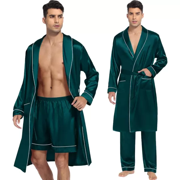 SWOMOG Mens Satin Robe 3 Pcs Silky Kimono Bathrobe Set Lightweight Soft Loungewear NightwearDark Green