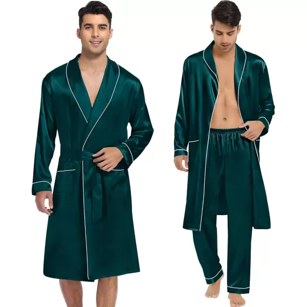 SWOMOG Mens Satin Robe 3 Pcs Silky Kimono Bathrobe Set Lightweight Soft Loungewear NightwearDark Green