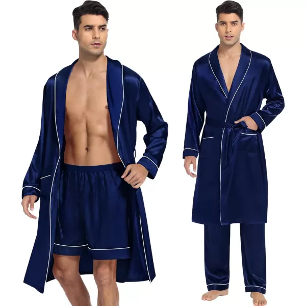 SWOMOG Mens Satin Robe 3 Pcs Silky Kimono Bathrobe Set Lightweight Soft Loungewear NightwearDark Navy Blue