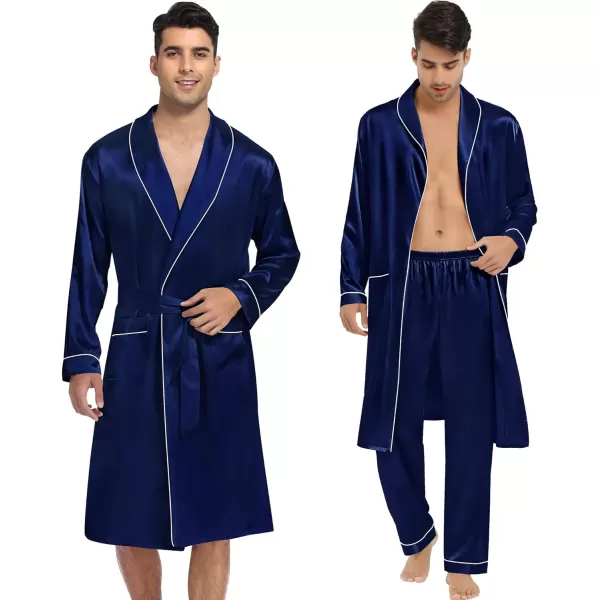 SWOMOG Mens Satin Robe 3 Pcs Silky Kimono Bathrobe Set Lightweight Soft Loungewear NightwearDark Navy Blue