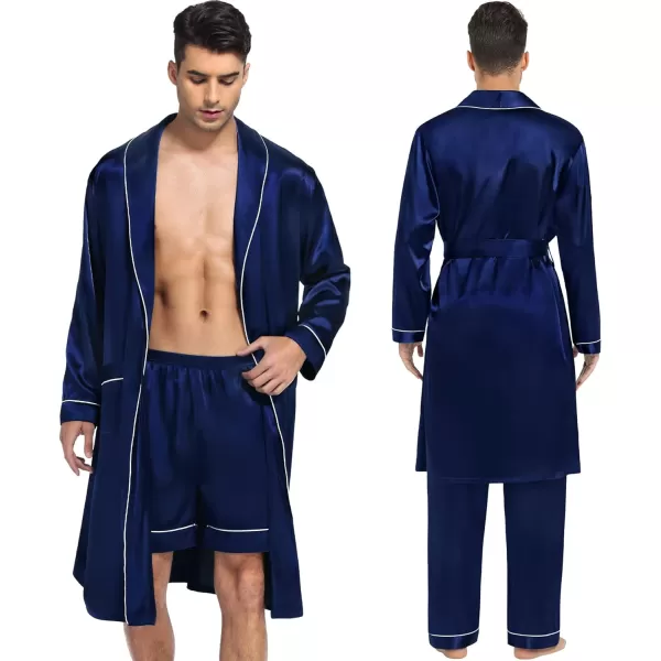 SWOMOG Mens Satin Robe 3 Pcs Silky Kimono Bathrobe Set Lightweight Soft Loungewear NightwearDark Navy Blue