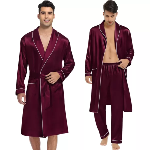 SWOMOG Mens Satin Robe 3 Pcs Silky Kimono Bathrobe Set Lightweight Soft Loungewear NightwearDark Wine Red