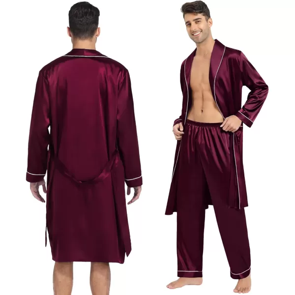 SWOMOG Mens Satin Robe 3 Pcs Silky Kimono Bathrobe Set Lightweight Soft Loungewear NightwearDark Wine Red