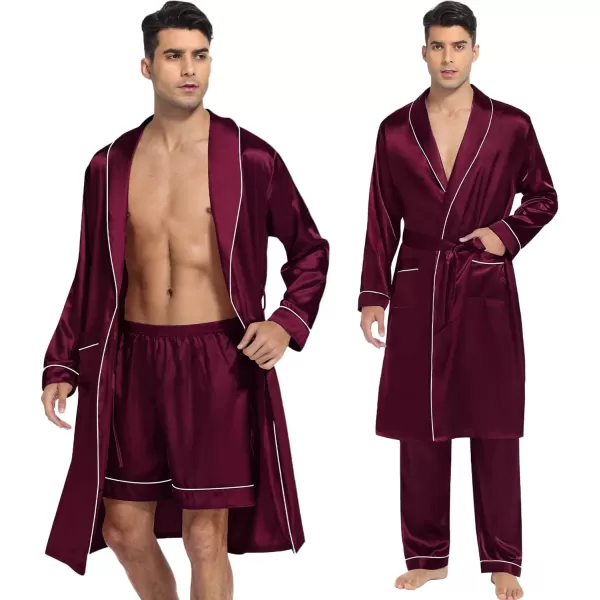 SWOMOG Mens Satin Robe 3 Pcs Silky Kimono Bathrobe Set Lightweight Soft Loungewear NightwearDark Wine Red