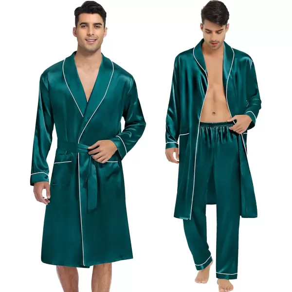 SWOMOG Mens Satin Robe 3 Pcs Silky Kimono Bathrobe Set Lightweight Soft Loungewear NightwearGreen