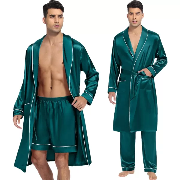 SWOMOG Mens Satin Robe 3 Pcs Silky Kimono Bathrobe Set Lightweight Soft Loungewear NightwearGreen