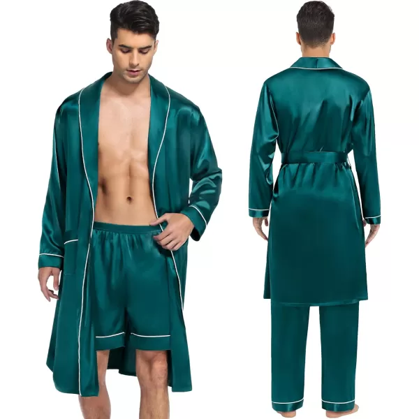 SWOMOG Mens Satin Robe 3 Pcs Silky Kimono Bathrobe Set Lightweight Soft Loungewear NightwearGreen