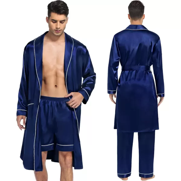 SWOMOG Mens Satin Robe 3 Pcs Silky Kimono Bathrobe Set Lightweight Soft Loungewear NightwearNavy Blue