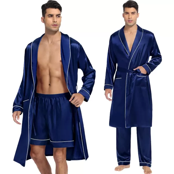 SWOMOG Mens Satin Robe 3 Pcs Silky Kimono Bathrobe Set Lightweight Soft Loungewear NightwearNavy Blue