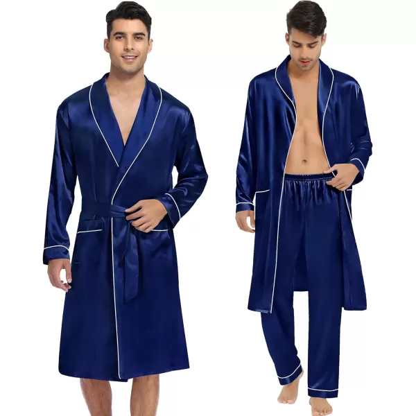 SWOMOG Mens Satin Robe 3 Pcs Silky Kimono Bathrobe Set Lightweight Soft Loungewear NightwearNavy Blue