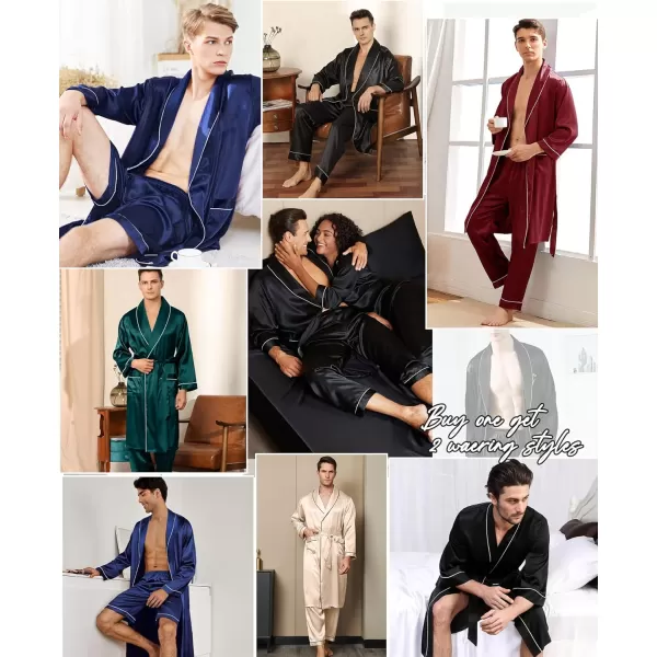 SWOMOG Mens Satin Robe 3 Pcs Silky Kimono Bathrobe Set Lightweight Soft Loungewear NightwearNavy Blue