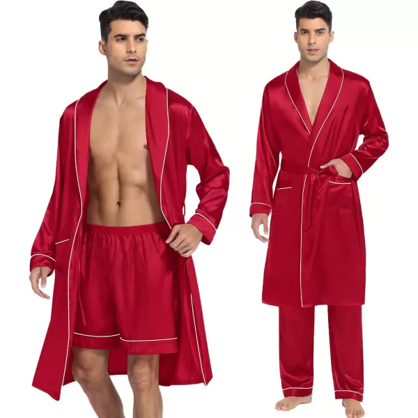 SWOMOG Mens Satin Robe 3 Pcs Silky Kimono Bathrobe Set Lightweight Soft Loungewear NightwearRed