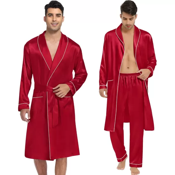 SWOMOG Mens Satin Robe 3 Pcs Silky Kimono Bathrobe Set Lightweight Soft Loungewear NightwearRed