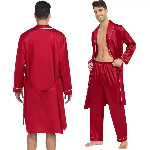 SWOMOG Mens Satin Robe 3 Pcs Silky Kimono Bathrobe Set Lightweight Soft Loungewear NightwearRed