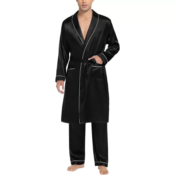 SWOMOG Mens Satin Robe Silky Kimono Bathrobe Set Lightweight Soft Loungewear NightwearBlack