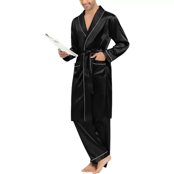 SWOMOG Mens Satin Robe Silky Kimono Bathrobe Set Lightweight Soft Loungewear NightwearBlack