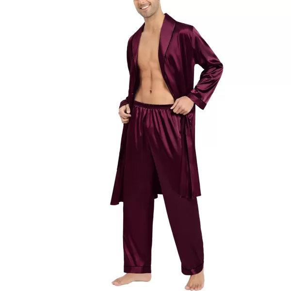 SWOMOG Mens Satin Robe Silky Kimono Bathrobe Set Lightweight Soft Loungewear NightwearDark Wine Red