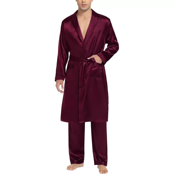 SWOMOG Mens Satin Robe Silky Kimono Bathrobe Set Lightweight Soft Loungewear NightwearDark Wine Red