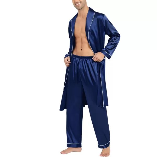 SWOMOG Mens Satin Robe Silky Kimono Bathrobe Set Lightweight Soft Loungewear NightwearNavy Blue