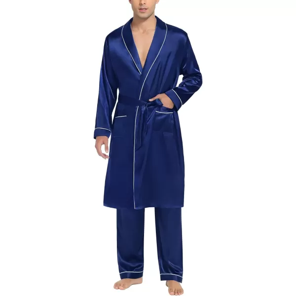 SWOMOG Mens Satin Robe Silky Kimono Bathrobe Set Lightweight Soft Loungewear NightwearNavy Blue