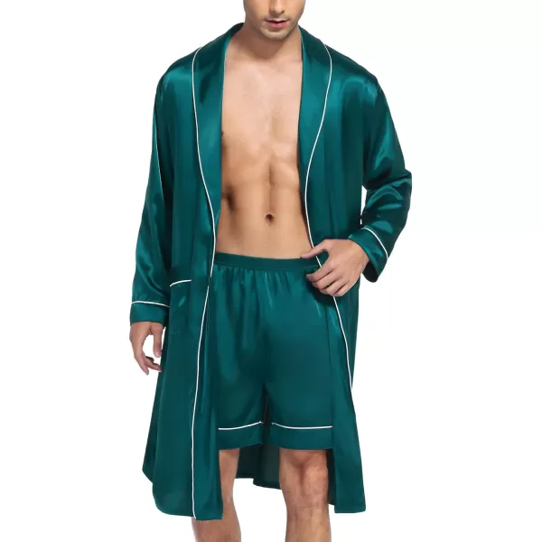 SWOMOG Mens Satin Robe Silky Kimono Bathrobe with Shorts Set Lightweight Soft Loungewear Nightwear0green