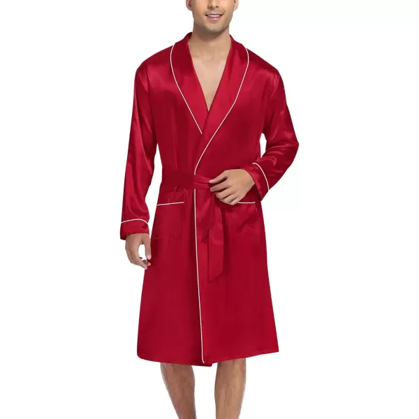 SWOMOG Mens Satin Robe Silky Kimono Bathrobe with Shorts Set Lightweight Soft Loungewear Nightwear0red