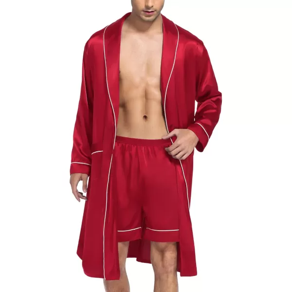 SWOMOG Mens Satin Robe Silky Kimono Bathrobe with Shorts Set Lightweight Soft Loungewear Nightwear0red